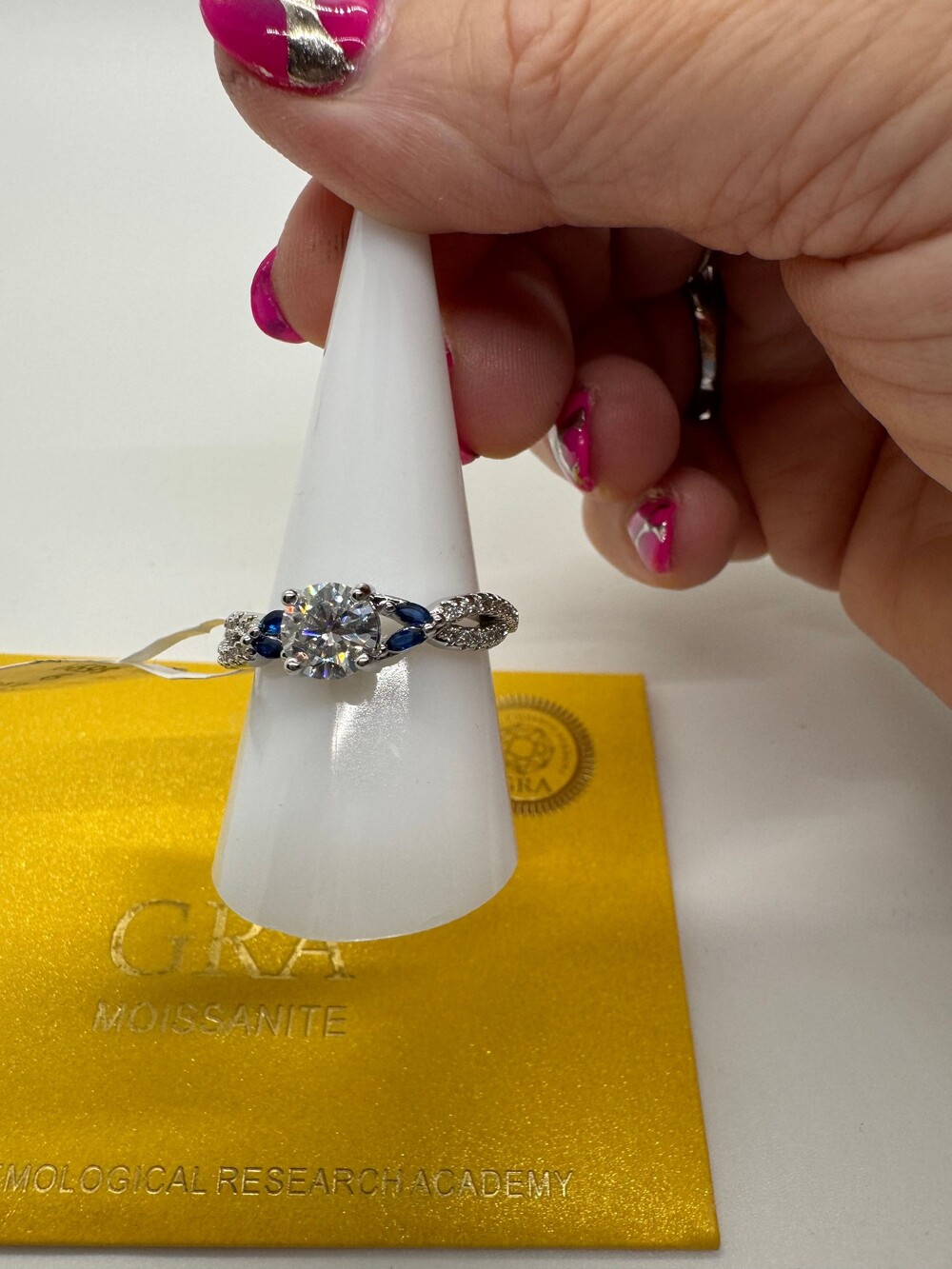 Moissanite Ring with Blue Sapphire Accents Size 9 GRA Certified Infinity Band
